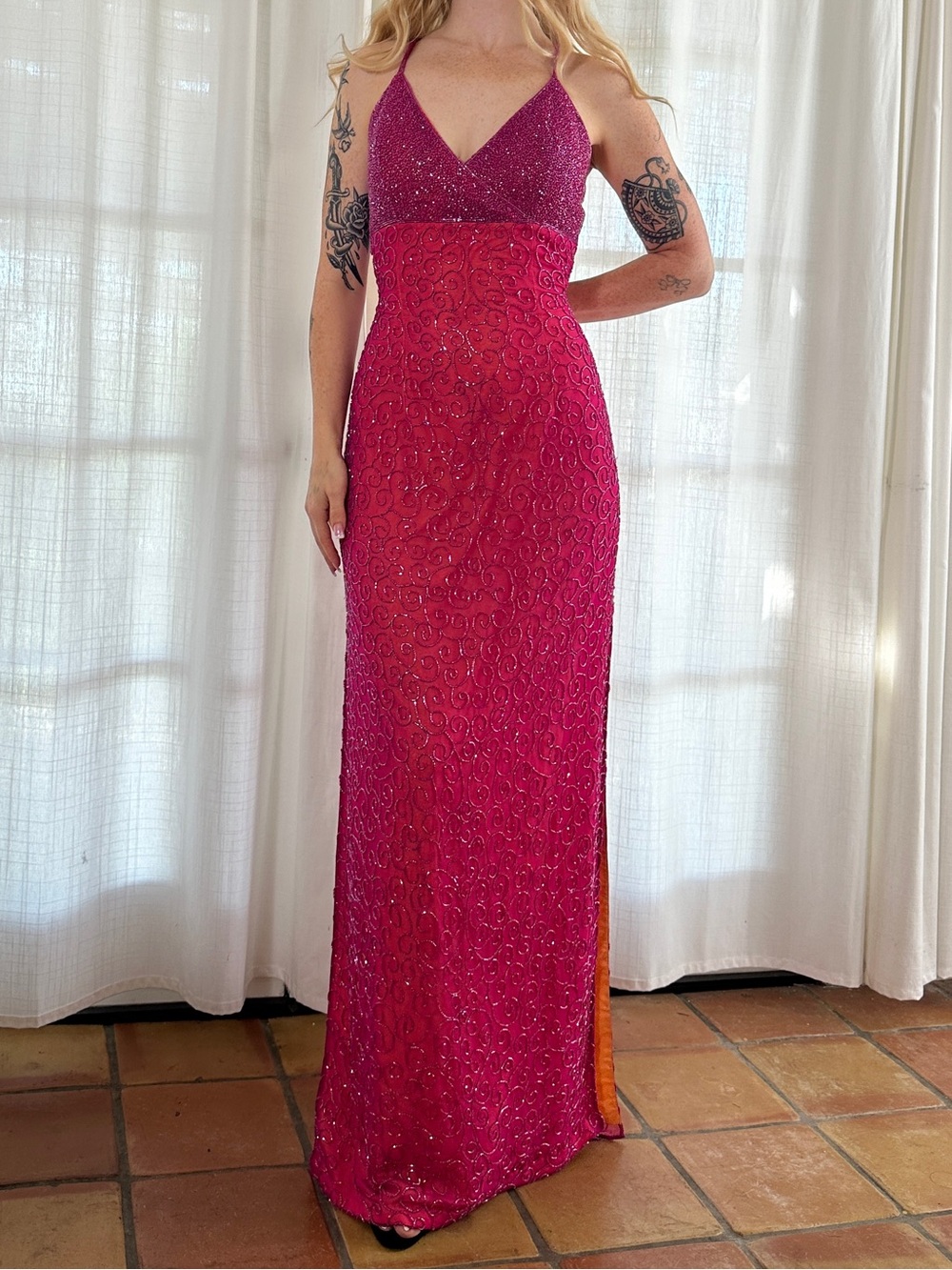 Vintage Y2K Silk Fully Beaded Hot Pink Evening Dress Halter Andretta Donatella M